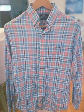Vineyard Vines Men's Slim Fit Tucker Shirt LS Pink/Blue Plaid Button Down (M)